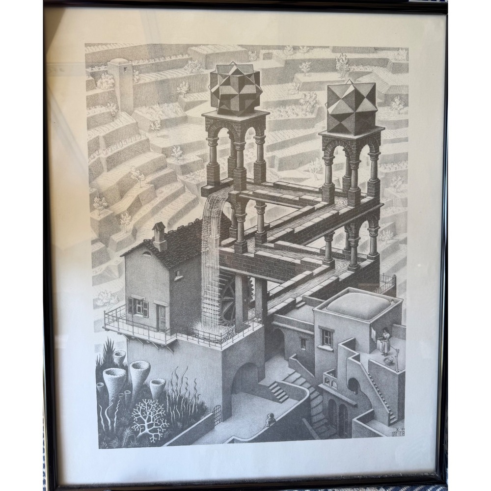 Vintage M.C. Escher Waterfall Framed Art Print Surrealist Architecture 1961